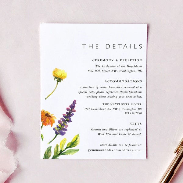 Wildflower Wedding Details Card, Watercolor Detail Card Template, Colorful Floral Details Insert Card, Botanical Details Card Printable EF53