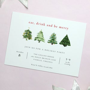 Holiday Party Invitation Editable Template, Classic Christmas Party Printable Invitation, Watercolor Christmas Trees, Instant Download CT92 image 4