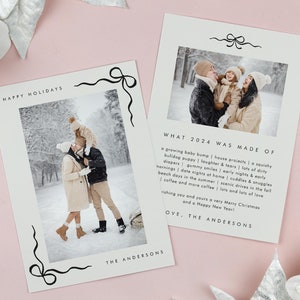 Biglietto di Natale con foto di nastro stravagante, modello di biglietto di auguri femminile, fiocco disegnato a mano, biglietto di auguri chic, fiocco di Natale romantico22