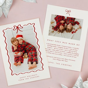 Skurrile Rote Schleife Foto Feiertagskarte, Weihnachtskarte mit Schleife, Handgezeichnete Schleife Kartenvorlage, Familienfotokarte Bow22