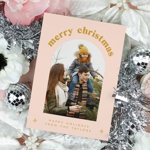 Retro Christmas Card Template, Modern Photo Holiday Card Printable, Minimalist Family Christmas Card, Vintage 70's Groovy Holiday Card MK92 image 2