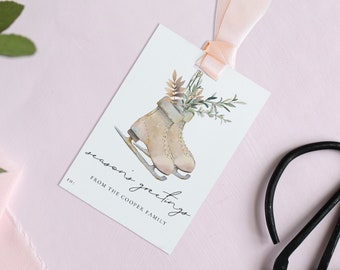 Watercolor Ice Skates Holiday Gift Tags Template, Watercolor Greenery Christmas Gift Tags, Editable Gift Tag Template, Instant Download S92