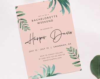 Palm Leaves Blush Bachelorette Party Invitation Template, Pink Watercolor Palm Invitation Printable, Tropical Beach Bachelorette Weekend