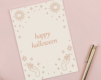Spooky Mystical Halloween Card, Vintage Celestial Printable Card, Fall Autumn Card Template, Witches Spell Book, Blank Inside Card HC53