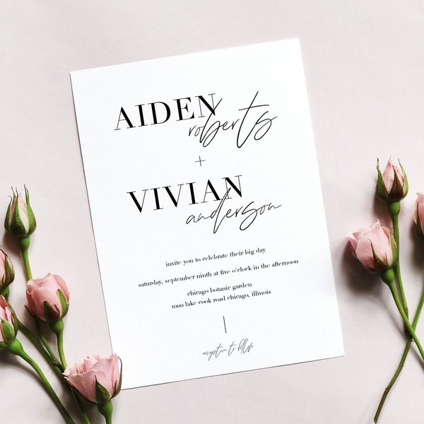 Modern Wedding Invitation Template, Minimalist Romantic Invitation Printable, Classic Elegant Wedding Invitation, Contemporary Wedding X44