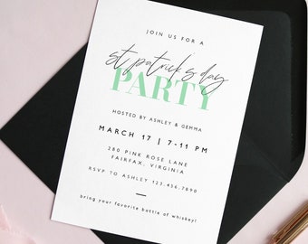 St. Patricks Day Party Invitation Template, Feminine Green Invitation, Modern St Pattys Day Printable Invitation, Instant Download SP53