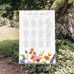 Sjabloon voor zitplaatsen met wilde bloemen bruiloft, kleurrijk aquarel bord afdrukbaar, plattegrond receptie per tafelbord EF53