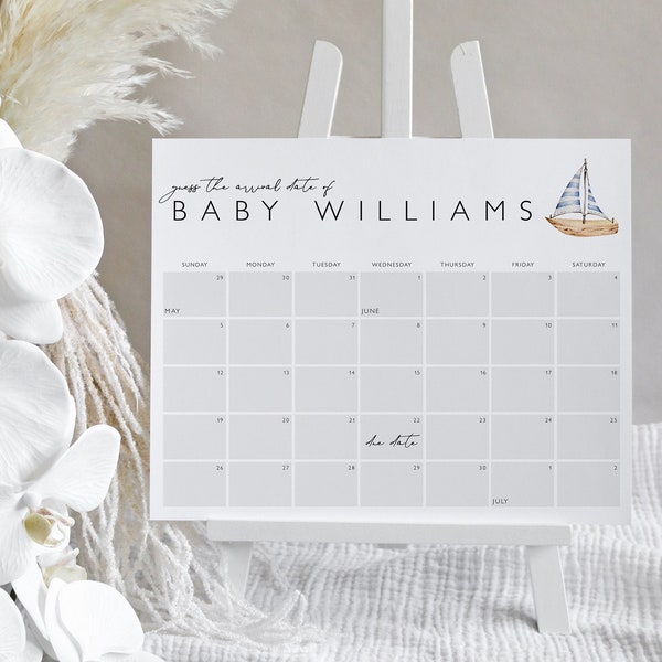 Sailboat Baby Shower Due Date Calendar Sign Template, Calendar Game Sign, Guess the Birthday, Nautical Boy Baby Shower Sign, Birth Date SB53