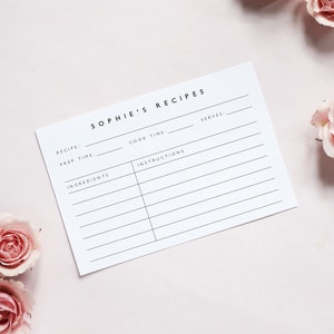 May include: A white recipe card with the title "Sophie's Recipes" and headings for "Recipe", "Prep Time", "Cook Time", "Instructions", "Ingredients", and "Serves". The card is surrounded by pink roses.