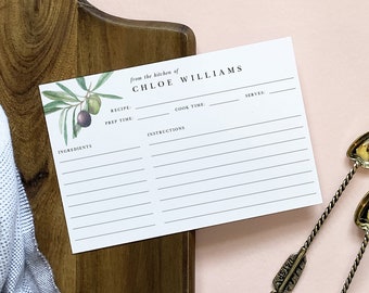 Watercolor Olive Branch Greenery Recipe Card Printable Template, Editable Personalized Recipe Card, 4 x 6 Recipe Card, Instant Download
