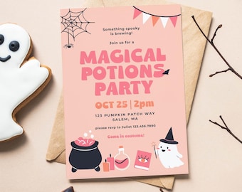 Cute Halloween Party Invitation Template, Magical Potions Party Invitation, Whimsical Pastel Printable Invitation, Pink Halloween, Winnie
