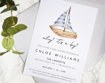 May include: A baby shower invitation with a watercolor illustration of a sailboat. The invitation reads "Ahoy! It's a boy!" and includes the name Chloe Williams, the date and time of the shower, and the location. RSVP information is also included.
