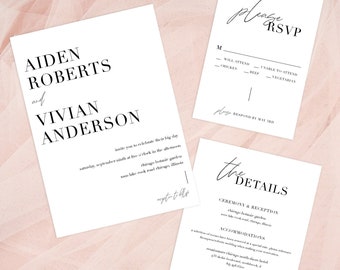 Modern Classic Wedding Invitation Suite Template, Minimalist Wedding Invitation Printable, Black and White Wedding Invite Set X44