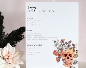 Halloween Party Menu Template, Watercolor Floral Skull Printable Food Menu Template, Editable Halloween Party Menu, Instant Download HS53