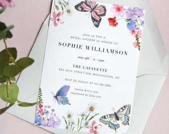 Watercolor Floral Bridal Shower Invitation Template, Elegant Butterfly Wedding Shower Printable Invite, Classic Floral Bridal Brunch BF53