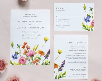 Wildflower Wedding Invitation Suite, Modern Watercolor Invitation Set Template Bundle, Colorful Floral Printable Invitation, RSVP Card EF53