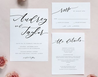 Modern Script Calligraphy Wedding Invitation Set, Elegant Printable Wedding Invitation Suite, Editable Template, Instant Download CL38