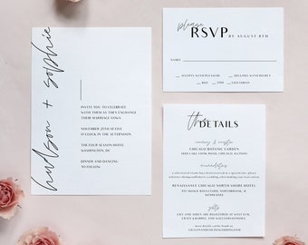 Modern Script Wedding Invitation Suite Template, Minimalist Wedding Invitation Printable, Invite RSVP Details, Wedding Invite Set A45
