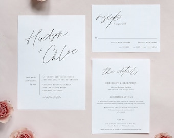 Modern Script Wedding Invitation Suite Template, Minimalist Wedding Invitation Printable, Wedding Invite Set, Invite RSVP Details E43