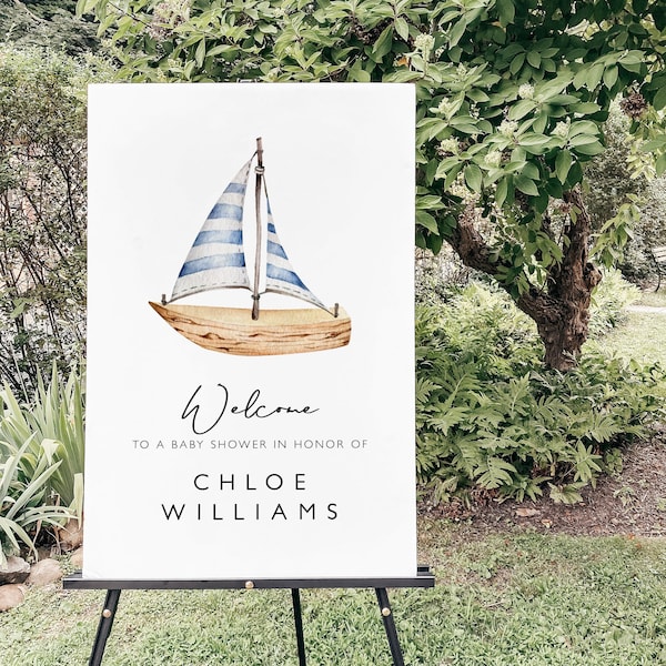 Sailboat Baby Shower Welcome Sign, Nautical Baby Shower Sign Template, Boy Baby Shower Printable Sign, Ahoy It's a Boy, Marine Baby SB53