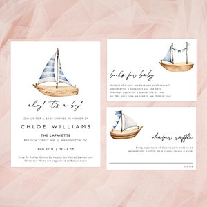 Sailboat Baby Shower Invitation Suite, Boy Baby Shower Invitation Template, Ahoy It's a Boy, Nautical Baby Shower, Marine Baby SB53
