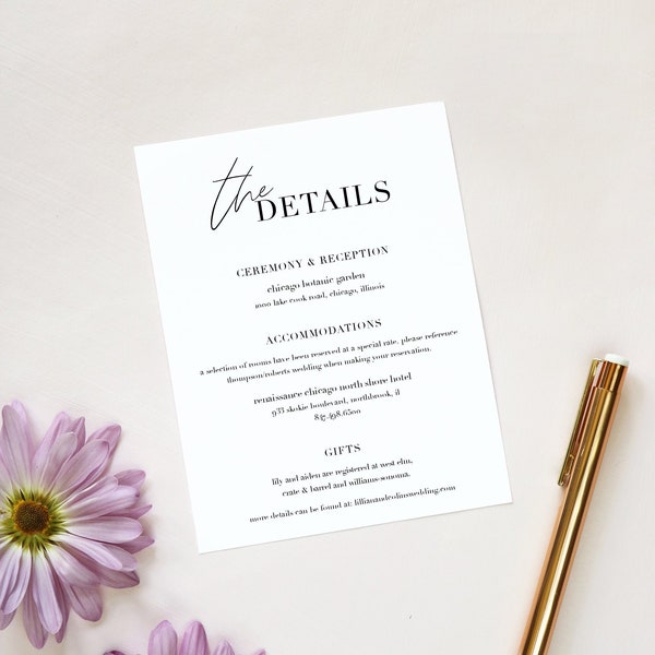 Minimalist Wedding Details Card Insert, Modern Wedding Detail Card Template, Wedding Information Details Enclosure Card Printable X44