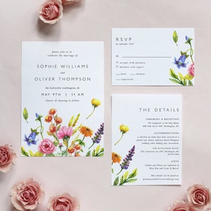 Wildflower Wedding Invitation Suite, Modern Watercolor Invitation Set Template Bundle, Colorful Floral Printable Invitation, RSVP Card EF53