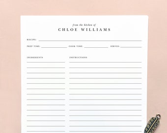 Classic Elegant Recipe Page Printable Template, Personalized Full Sheet Recipe, Instant Download, DIY Editable and Customizable CK81