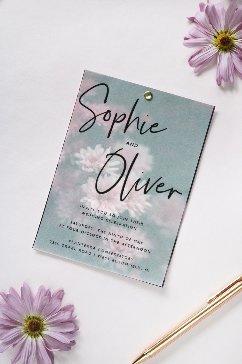 Blush Floral Vellum Overlay Wedding Invitation Modern Etsy