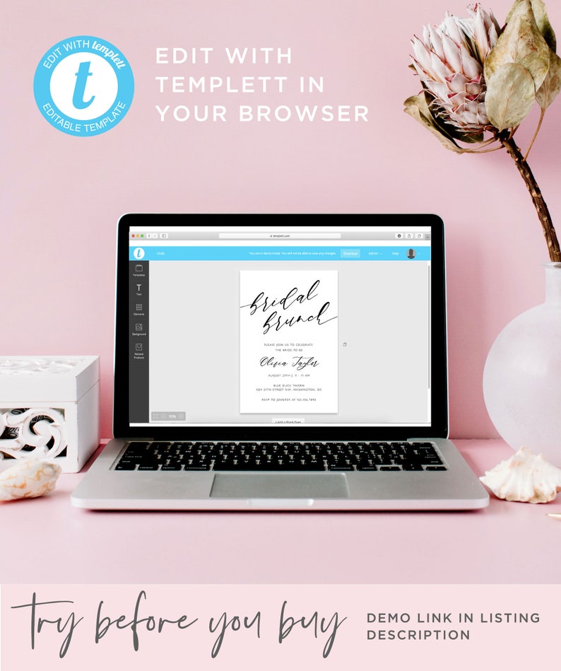 Elegant Wedding Shower Printable Invitation Modern Calligraphy Bridal Shower Invitation Template Minimalist Bridal Brunch Invitation CL38