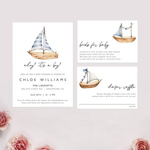 May include: Ahoy! It's a boy! Baby shower invitation with a blue and white sailboat illustration. The invitation includes the name Chloe Williams, the date and time of the shower, and the location. It also includes a request for guests to bring a book for the baby and a diaper raffle.