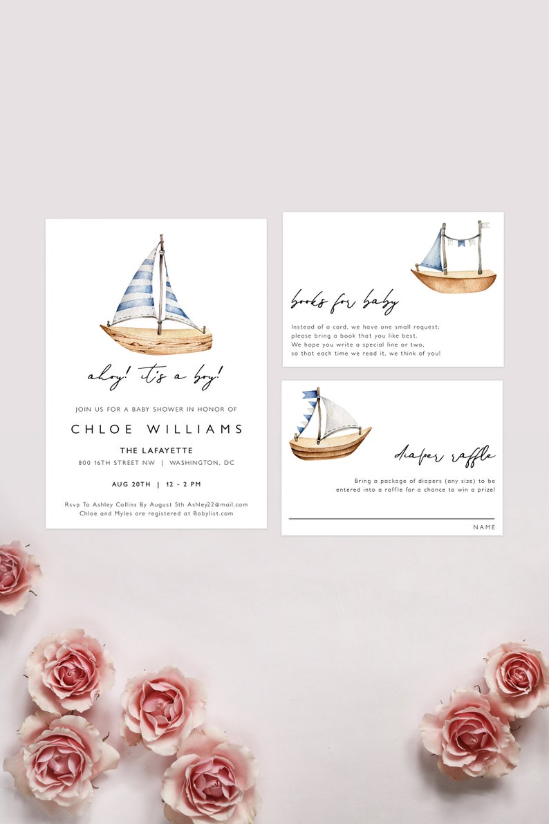 May include: Ahoy! It's a boy! Baby shower invitation with a blue and white sailboat illustration. The invitation includes the name Chloe Williams, the date and time of the shower, and the location. It also includes a request for guests to bring a book for the baby and a diaper raffle.