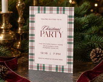 May include: A rectangular invitation card featuring a white center with dark red and green plaid borders. The text reads: YOU'RE INVITED TO A Christmas PARTY, THE WINTERS FAMILY HOME, 125 Snowberry Lane, Evergreen Grove, NC, 12.16 | 7 PM, RSVP to Allison at 123.456.7890.