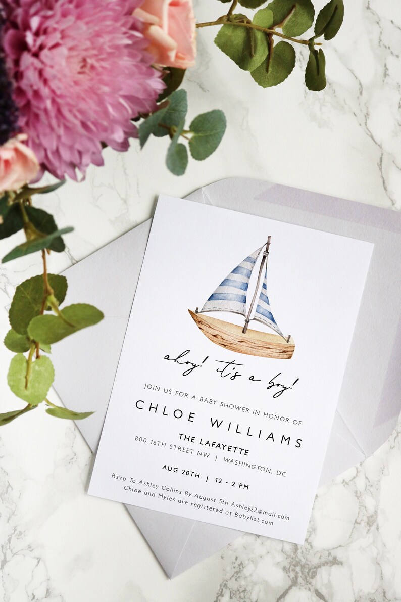 May include: A baby shower invitation with a watercolor illustration of a sailboat. The invitation reads "Ahoy! It's a boy!" and includes the name Chloe Williams, the date and time of the shower, and the location. RSVP information is also included.