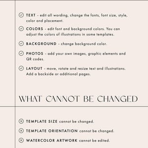 May include: A list of what can and cannot be changed when customizing a template.  The list includes text, colors, background, photos, layout, template size, template orientation, and watercolor artwork.