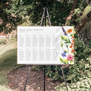 Plantilla para plano de asientos de boda con diseño floral de flores silvestres, plano de asientos por letrero de mesa imprimible, letrero de recepción de acuarela colorido EF53