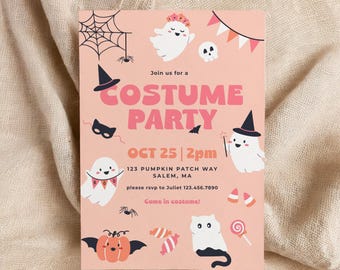 May include: A pink Halloween costume party invitation with illustrations of ghosts, bats, and candy. The text reads "COSTUME PARTY" and includes the date, time, and location. The invitation is decorated with a spider web and a witch's hat.