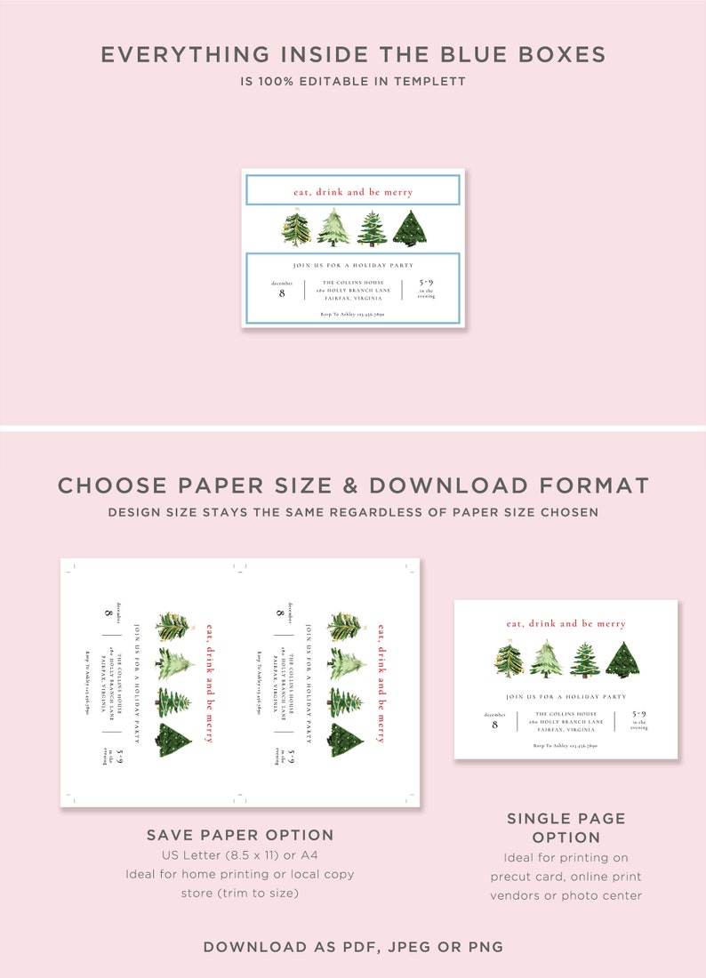 Holiday Party Invitation Editable Template, Classic Christmas Party Printable Invitation, Watercolor Christmas Trees, Instant Download CT92 image 9