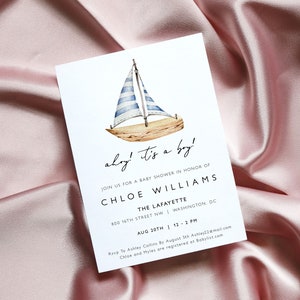 May include: Ahoy! It's a boy! baby shower invitation with a watercolor illustration of a sailboat. The invitation is for Chloe Williams at The Lafayette, 800 16th Street NW, Washington, DC on August 20th from 12-2 PM. RSVP to Ashley Collins by August 5th at Ashley22@mail.com. Chloe and Myles are registered at Babylist.com.