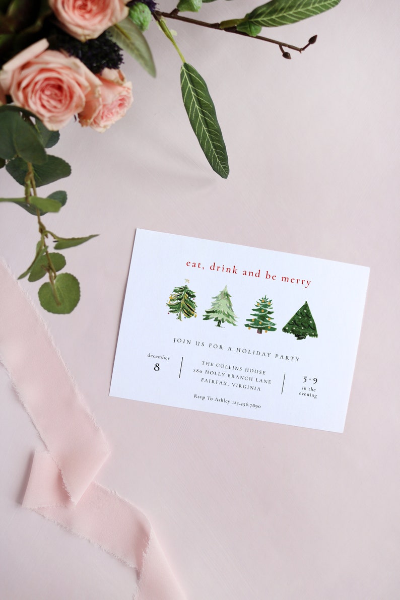 Holiday Party Invitation Editable Template, Classic Christmas Party Printable Invitation, Watercolor Christmas Trees, Instant Download CT92 image 6