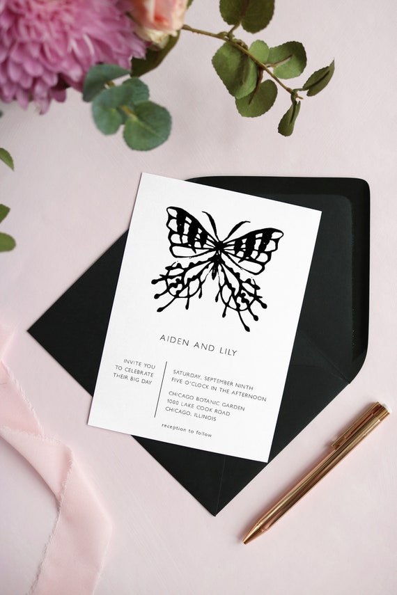 Butterfly Wedding Invitation Template Black White Minimal Etsy