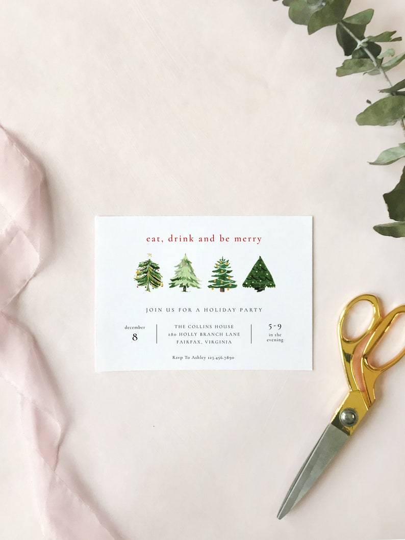 Holiday Party Invitation Editable Template, Classic Christmas Party Printable Invitation, Watercolor Christmas Trees, Instant Download CT92 image 5