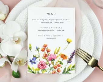 Watercolor Floral Menu Template, Colorful Floral Brunch Menu, Watercolor Flowers Dinner Menu, Printable Party Menu, Instant Download EF53