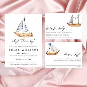 May include: Ahoy! It's a boy! Baby shower invitation with a watercolor illustration of a sailboat. The invitation includes the name Chloe Williams, the date and time of the shower, and the location. It also includes a request for guests to bring a book for the baby and a diaper raffle.
