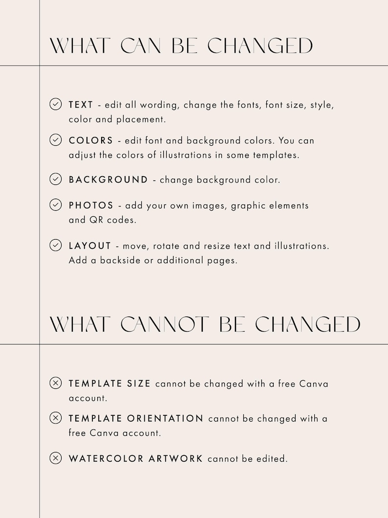 May include: A beige graphic with the text "WHAT CAN BE CHANGED" and "WHAT CANNOT BE CHANGED". The text lists options for editing text, colours, background, photos, and layout. It also lists what cannot be changed: template size, orientation, and watercolour artwork.
