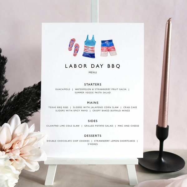 Barbecue Party Menu Template, Summer Barbecue Printable Menu, Labor Day BBQ Menu, Memorial Day Menu, July 4th BBQ Menu, Cookout Menu L53