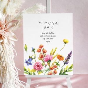 Wildflower Mimosa Bar Sign Template, Watercolor Floral Bubbly Bar Sign, Bridal Shower Sign, Colorful Wedding Sign Printable EF53