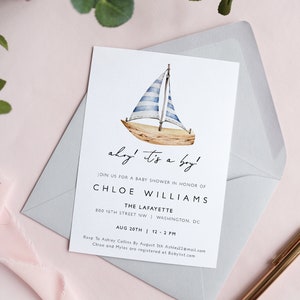 May include: A baby shower invitation with a blue and white sailboat illustration. The invitation reads "ahry' it's a boy!" and includes the name Chloe Williams, the date and time of the event, and the location: The Lafayette, 800 16th Street NW, Washington, DC.