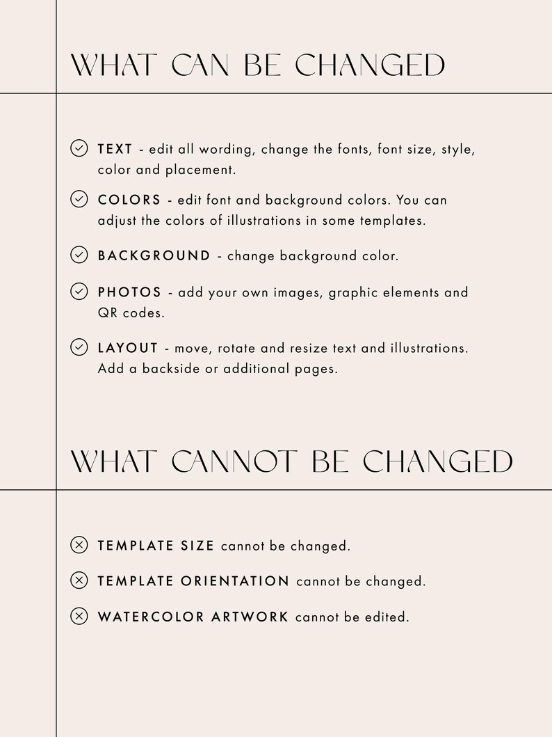 May include: A list of what can and cannot be changed when customizing a template.  The list includes text, colors, background, photos, layout, template size, template orientation, and watercolor artwork.