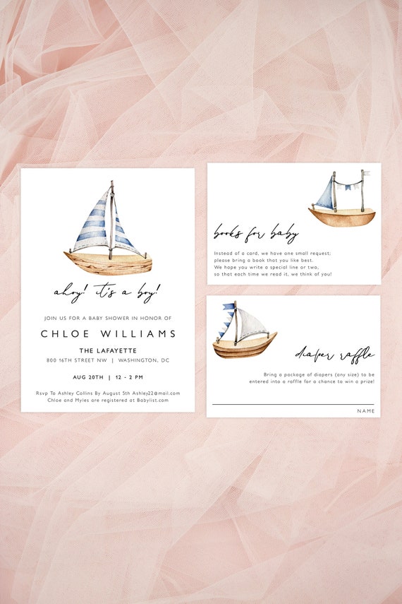 Sailboat Baby Shower Invitation Suite, Boy Baby Shower Invitation Template, Ahoy It's a Boy, Nautical Baby Shower, Marine Baby SB53
